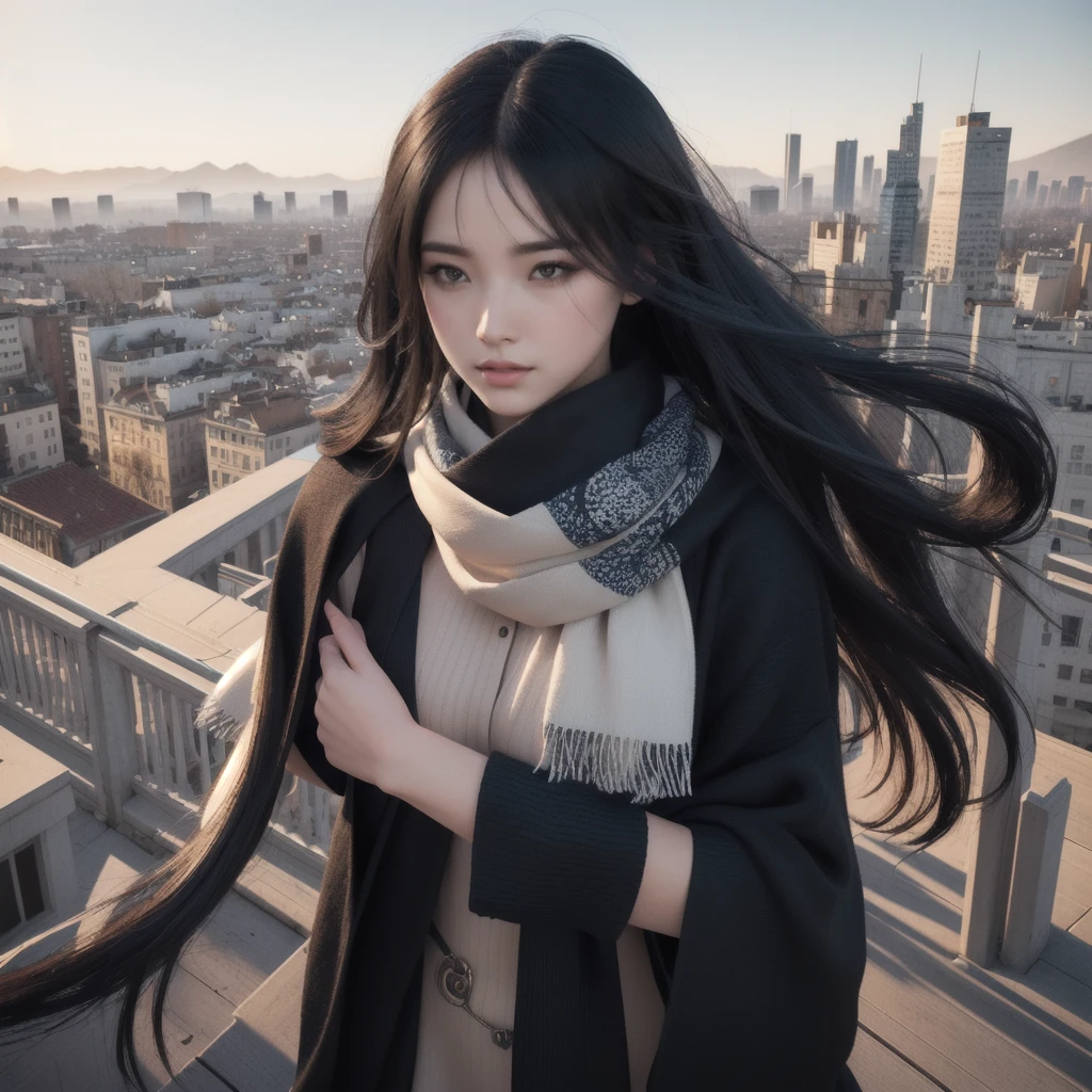 arafed woman with long hair and scarf standing in front of a city, epic 3 d abstract emo girl, artwork in the style of guweiz, stylized digital art, beautiful digital artwork, digital art high quality, beautiful digital art, urban girl fanart, amazing contrasting background, amazing digital art, gorgeous digital art, digital art picture, very beautiful digital art, realistic