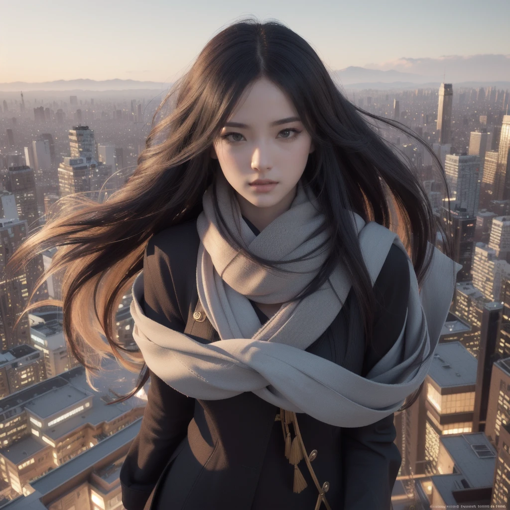 arafed woman with long hair and scarf standing in front of a city, epic 3 d abstract emo girl, artwork in the style of guweiz, stylized digital art, beautiful digital artwork, digital art high quality, beautiful digital art, urban girl fanart, amazing contrasting background, amazing digital art, gorgeous digital art, digital art picture, very beautiful digital art, realistic
