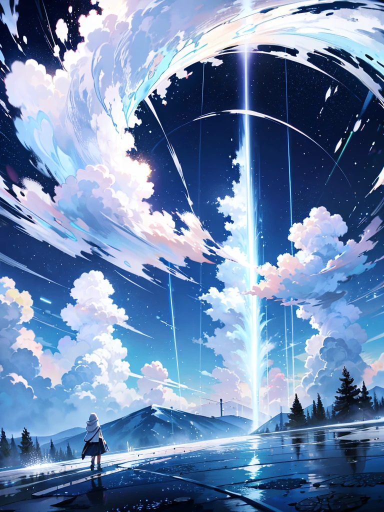 white arcs raining down from the sky, no people