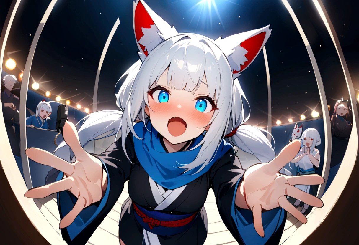 microphoneを持って叫ぶ、Enthusiastic singing、Shout with your mouth wide open、Sing a song、microphone、(masterpiece, best quality:1.2), 1girl, 独奏,Wolf girl, fox mask, ninja, girl, long white hair, odd eyes, blue kimono, ninja girl, red and blue scarf, fantastic atmosphere.night、Singing on stage、microphoneを持って叫ぶ、Fisheye Lens、hair、Aside exposure、Black fox mask、Shining Spotlight