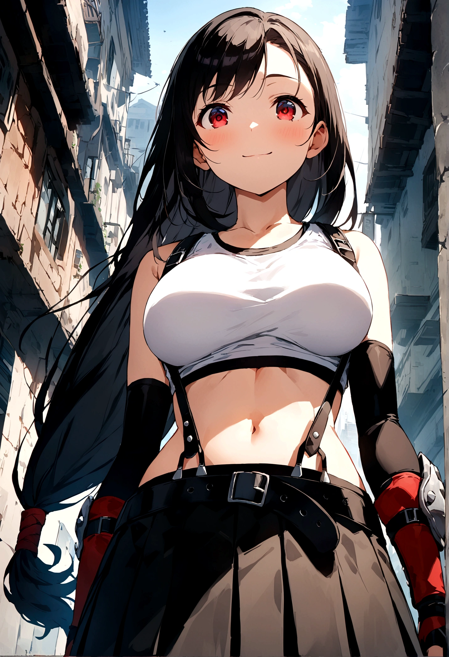 score_9, score_8_up, score_7_up,score_6, score_5,4k, ,BREAK , (from front,from below),,girl standing on,arms in sides,,straight-on,,,upperbody,looking_at_viewer ,1girl, tifa lockhart, final fantasy, tareme,black hair, low-tied long hair, red eyes, bangs, white tank top, belt, pleated skirt, thighhighs, elbow fingerless gloves, elbow pads,midriff,navel,suspender skirt ,large_breasts,(light smile),,,Solo,,(daytime and  city),,,(best quality),aesthetic,very aesthetic,UHD,HDR,intricate detailed,Soft-shaded anime style daytime scene,Gradients and Highlights,highly detailed,sharp focus,depth of field,,professional lighting,cinematic lighting,    