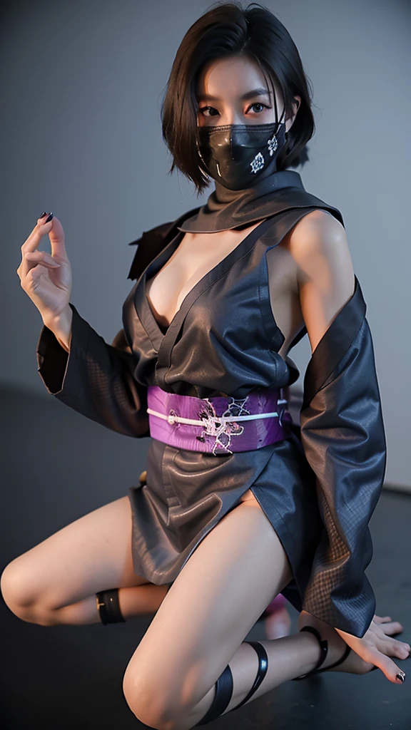 Young Female ninja wearing short kimono wearing fishnet with bare feet and black toe nails exposed with boob cleavage showing 