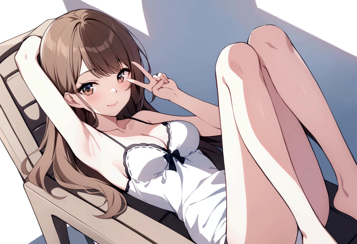 slender, mature female,1girl, rating:safe, armpits, solo, v, lips, sitting, brown_hair, breasts, looking_at_viewer, barefoot, blurry, chair, smile, long_hair,on_back, arms_up, depth_of_field, lying, brown_eyes, cleavage, camisole, bangs, closed_mouth, collarbone, nose, legs_up, legs, blue_eyes, medium_breasts, black_eyes, bare_shoulders, arm_up, sunlight