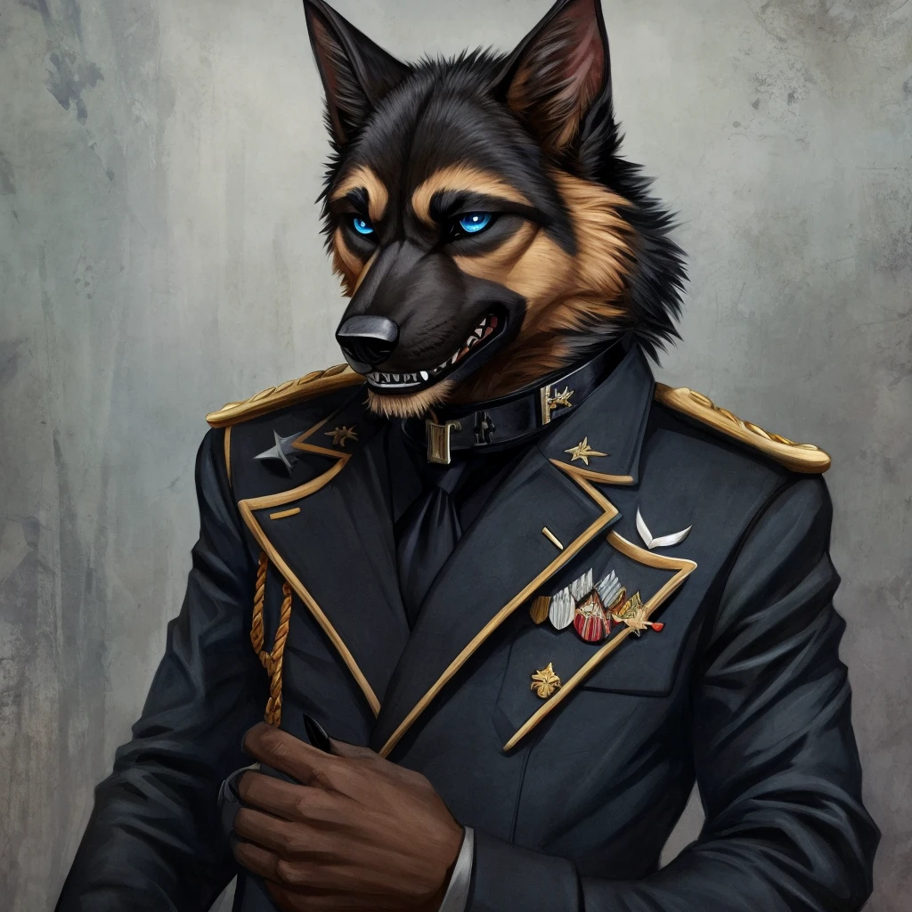 Furry commission, German shepherd, black SS uniform, Sharp teeth, Blue eyes, black collar, pointy black claws, gentleman, psycho,war background.