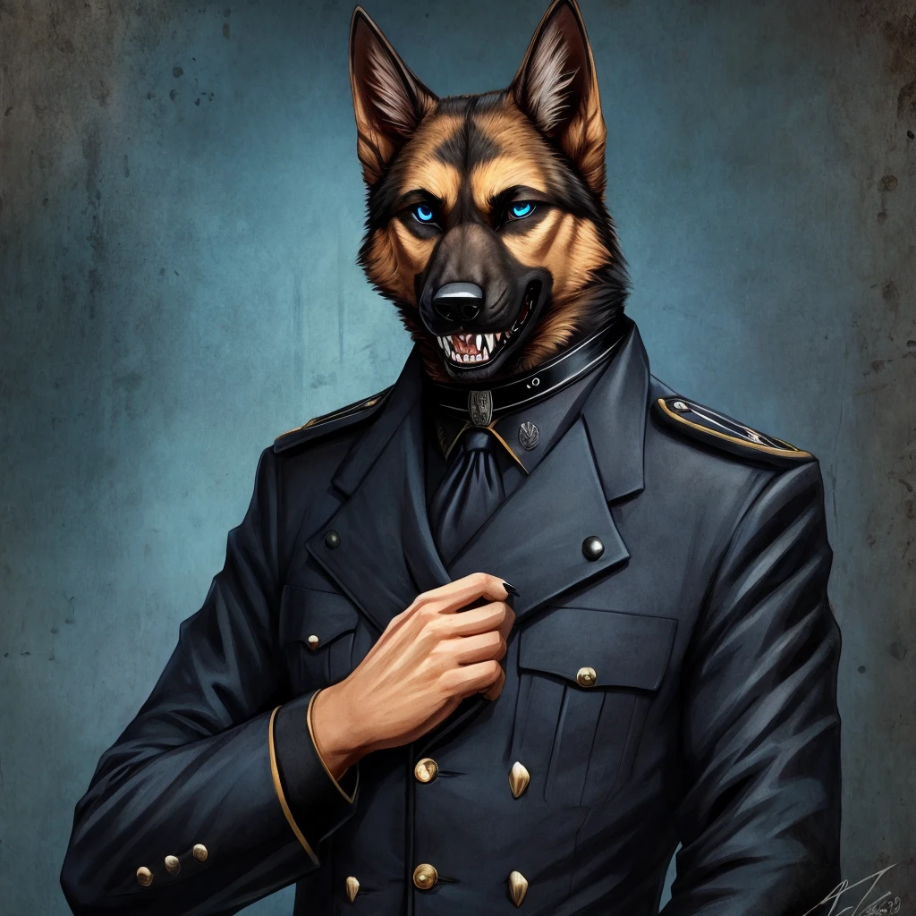 Furry commission, German shepherd, black SS uniform, Sharp teeth, Blue eyes, black collar, pointy black claws, gentleman, psycho,war background.