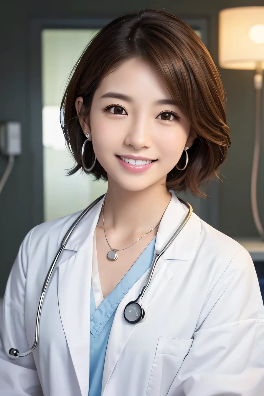 young woman、 Japanese women、Light brown hair、Necklace around the neck、White、Doctor's attire、Stethoscope、、smile、Emphasis on teeth、short hair、Wavy Hair、Intricate details, Very detailed:1.2), 、 Looking into the camera,The background is the operating room...、ear piercing