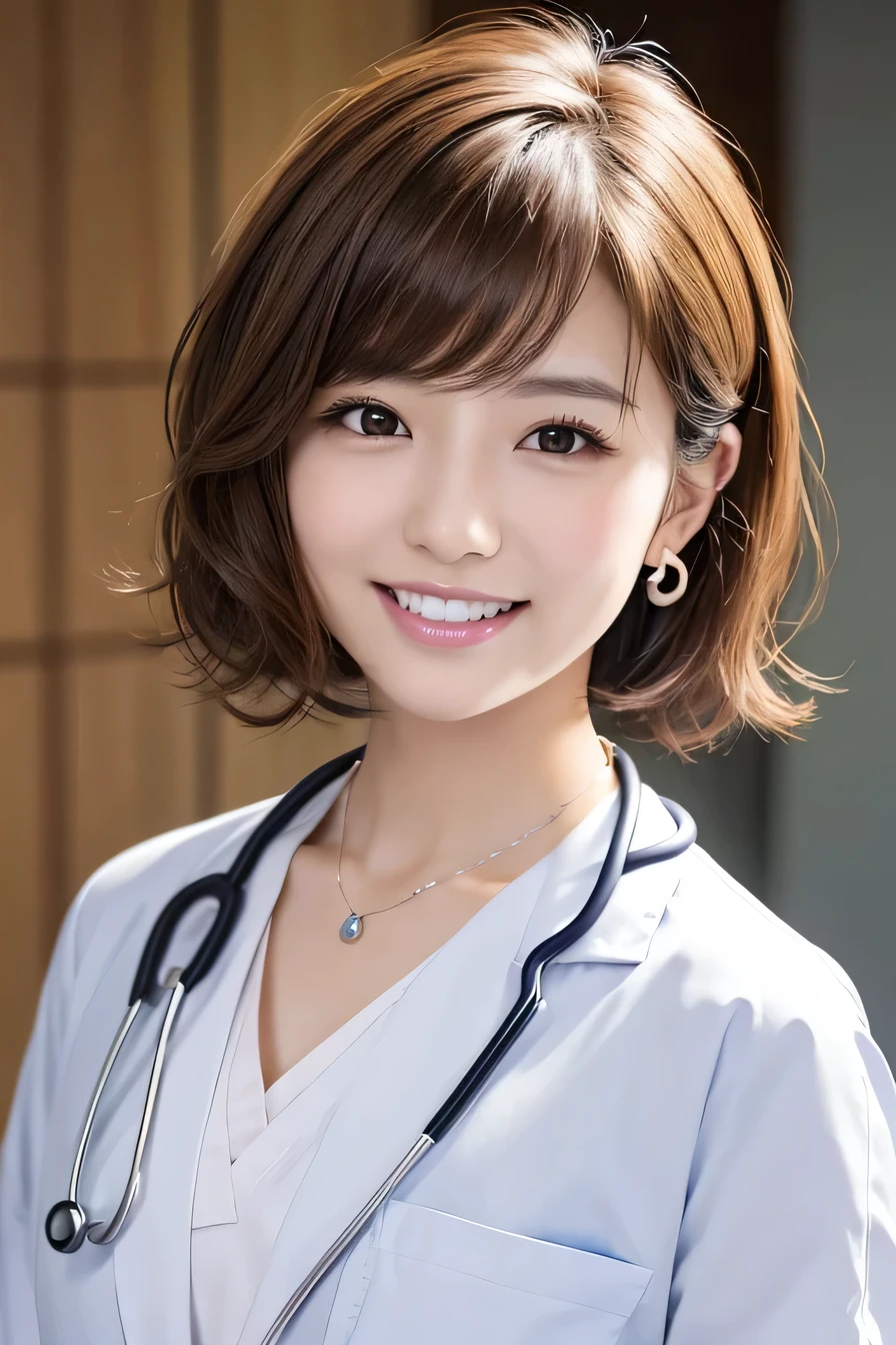 young woman、 Japanese women、Light brown hair、Necklace around the neck、White、Doctor's attire、Stethoscope、、smile、Emphasis on teeth、short hair、Wavy Hair、Intricate details, Very detailed:1.2), 、 Looking into the camera,The background is the operating room...、ear piercing
