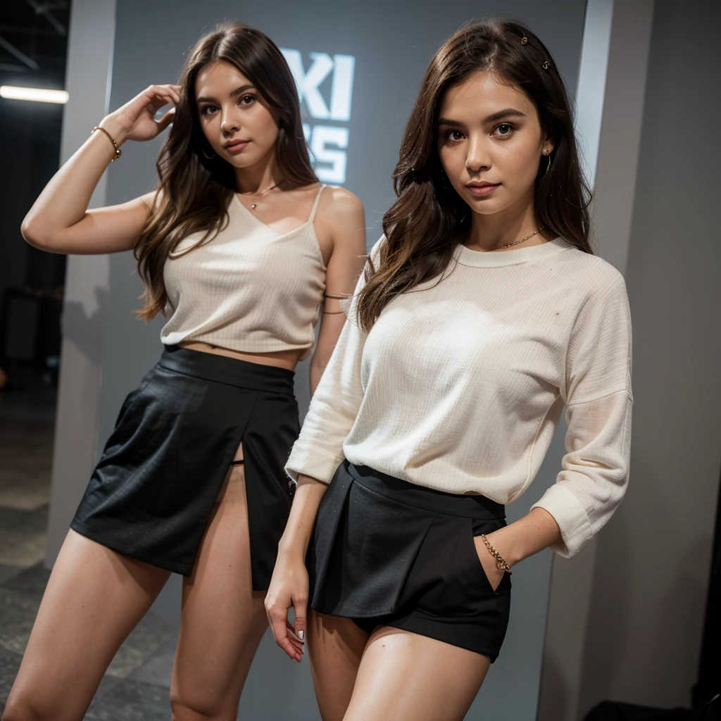 1girl in, 30 years old, Square face, Long hair, Looking at viewer, jewelry, Reality, Sexy, Short skirt outfit, fashion show backdrop , free pose
