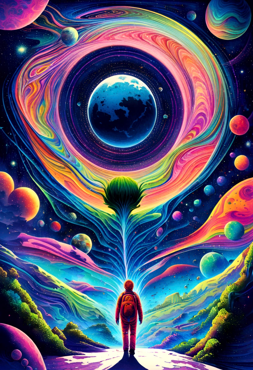 HD details, People walking with their backs turned, planet in background,Psychedelic universe, Psychedelic illustrations, Cosmic Space, growing plants, world of psychopaths, art graphic space background, Illustration of the universe, Cosmic Space, ??? universe art poster, There is space in the back., Space scene, Surreal Area, Cosmic style