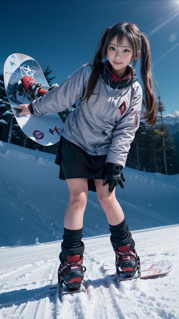 (A high school girl snowboarding on a slope:1.2), (beautiful girl, Amazingly cute face, Idol Face:1.2), (Detailed Snowboard), (Captivate those around you), (Outstanding Style), ((Detailed eyes and face:1.2, Professional photography techniques, Cinema Lighting)), Detailed hands, (Highest quality, 8K, masterpiece:1.2, RAW Photos), (Reality:1.4), Use the edge to blow away snow, View the viewer, ((Cute and sexy snowboard wear:1.2)), Short pigtails, (Perfect Anatomy:1.3), ((Fantastic landscape))