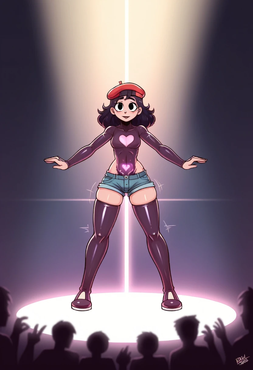 {{{{{{{{  2d/3d hybrid, unreal Engine, cel-shaded animation,  masterpiece, hdr, 4k, ray tracing detailed background, amazing quality, incredibly aesthetic, incredible sharp absurdres, incredibly sharp gradients, deep highlights,  {{connie maheswaran}}, sensualcore,  hyper stylistic, Raw sensuality, fabric texture, sensuous angle, skin indentations, flowing emotions }}}}}, { very darkskin,, age 25, photoshoot in a club, dancing, strong, attractive, perfect},  sensous open back bodysuit, micro shorts star back pockets, beret, "flirty fighter " text along chest , "heart☆berry" stomach tattoo,  teasing, perfect body, square-shaped figure, wide heart hips, perfect black eyes, perfect face, perfect hands, perfect charm, mischievous prankster, impact frame, motion lines, details, , cool tones, rich atmospheric shading, sensual shadowing, Life size body, dynamic angle, dynamic pose,  dynamic perspective, dynamic Line of action, dynamic scenery, atmospheric lighting, Cinematography, 