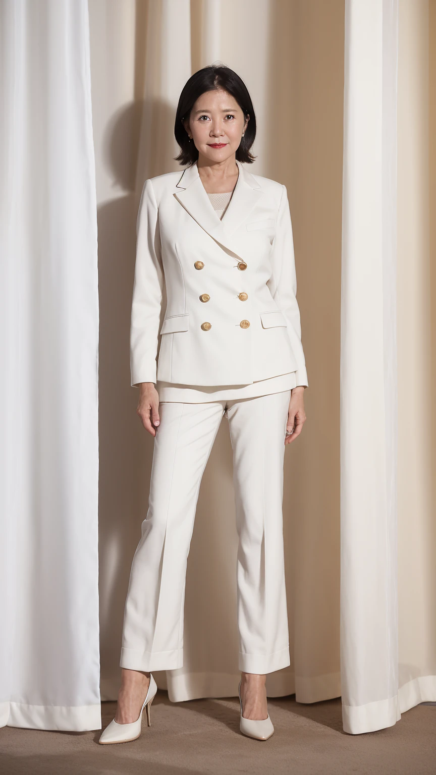 60-year-old woman, Soft headlights,High-density imaging,(Clean and delicate face),((Looking to the side)),((White suit)),((((full-body shot)))),((((White mid-heeled shoes)))),((White curtains in the background)),best quality,masterpiece,(Soft colors:1.2)