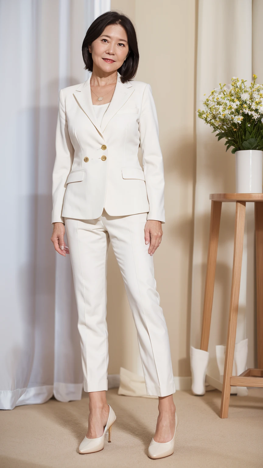 60-year-old woman, Soft headlights,High-density imaging,(Clean and delicate face),((Looking to the side)),((White suit)),((((full-body shot)))),((((White mid-heeled shoes)))),((White curtains in the background)),best quality,masterpiece,(Soft colors:1.2)