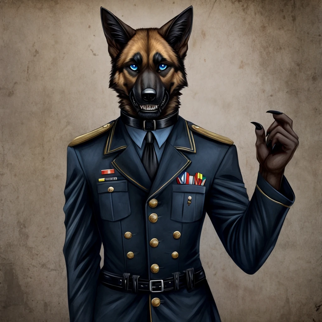 Furry commission, German shepherd, black SS uniform, Sharp teeth, Blue eyes, black collar, pointy black claws, gentleman, psycho,war background.