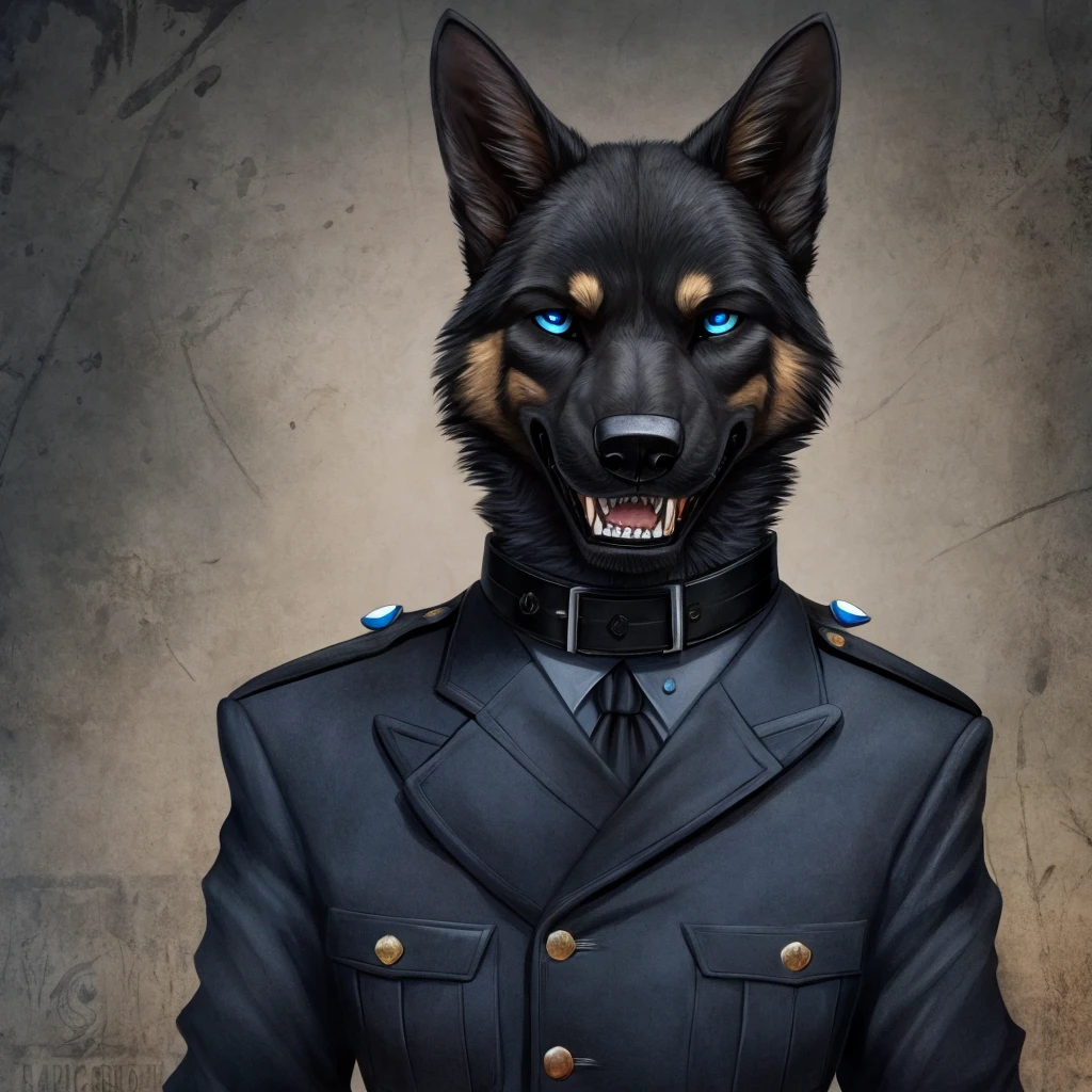 Furry commission, German shepherd, black SS uniform, Sharp teeth, Blue eyes, black collar, pointy black claws, gentleman, psycho,war background.