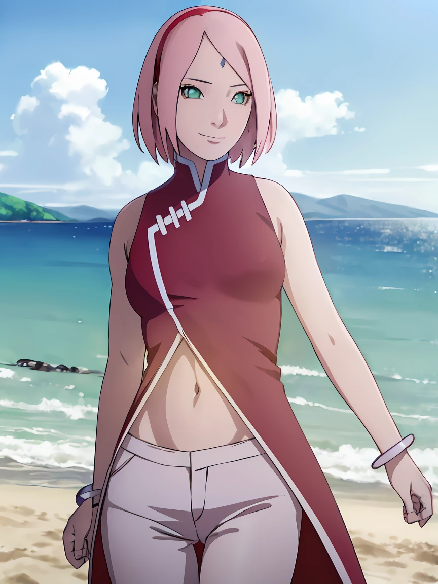 masterpiece, 1k, portrait, face shot, professional artwork, detailed beach background, intricate details, colorful, digital blending, (ultra detailed body, ultra detail hair, ultra detail face), trending on pixiv, kind smile, very hot color, best quality, anime style: 1.9, 1girl, hires, haruno sakura, (forehead mark, milf, red hairband, pale skin, short hair, ((red sleeveless dress), white pants), (navel, belly button, groin, bracelet, pink hair), (ultra detailed green eyes), smile, beach, wind, floating hair, detailed arms, off-shoulders, slightly muscular arms, (dirty armpits), standing)