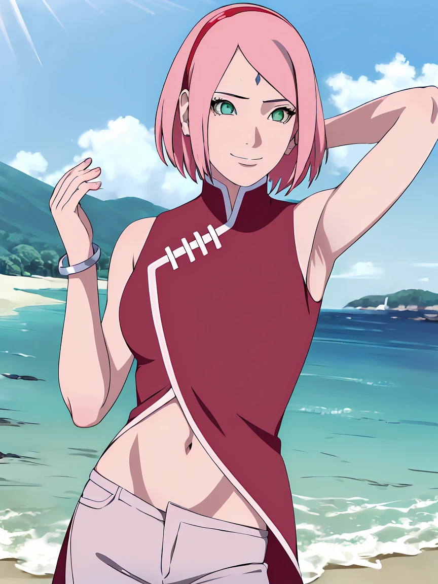 masterpiece, 1k, portrait, face shot, professional artwork, detailed beach background, intricate details, colorful, digital blending, (ultra detailed body, ultra detail hair, ultra detail face), trending on pixiv, kind smile, very hot color, best quality, anime style: 1.9, 1girl, hires, haruno sakura, (forehead mark, milf, red hairband, pale skin, short hair, ((red sleeveless dress), white pants), (navel, belly button, groin, bracelet, pink hair), (ultra detailed green eyes), smile, beach, wind, floating hair, detailed arms, off-shoulders, slightly muscular arms, (dirty armpits), standing)