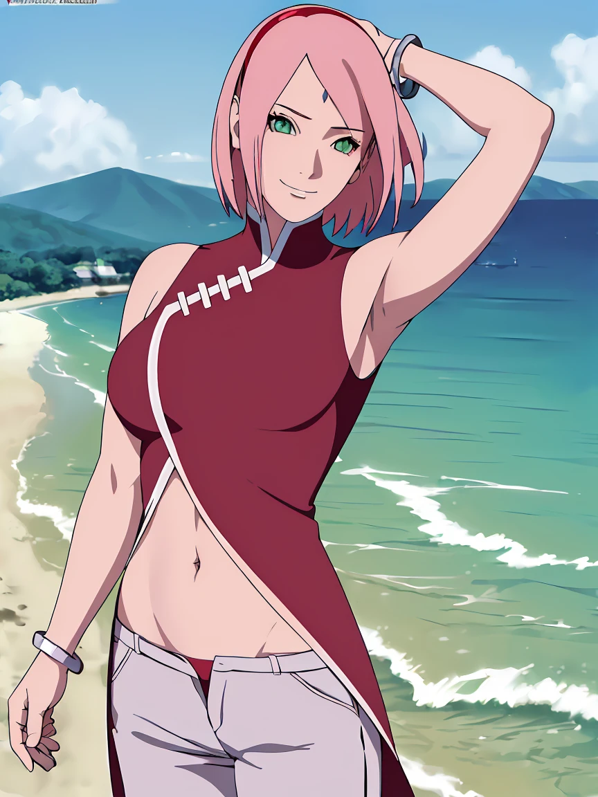 masterpiece, 1k, portrait, face shot, professional artwork, detailed beach background, intricate details, colorful, digital blending, (ultra detailed body, ultra detail hair, ultra detail face), trending on pixiv, kind smile, very hot color, best quality, anime style: 1.9, 1girl, hires, haruno sakura, (forehead mark, milf, red hairband, pale skin, short hair, ((red sleeveless dress), white pants), (navel, belly button, groin, bracelet, pink hair), (ultra detailed green eyes), smile, beach, wind, floating hair, detailed arms, off-shoulders, slightly muscular arms, (dirty armpits), standing)