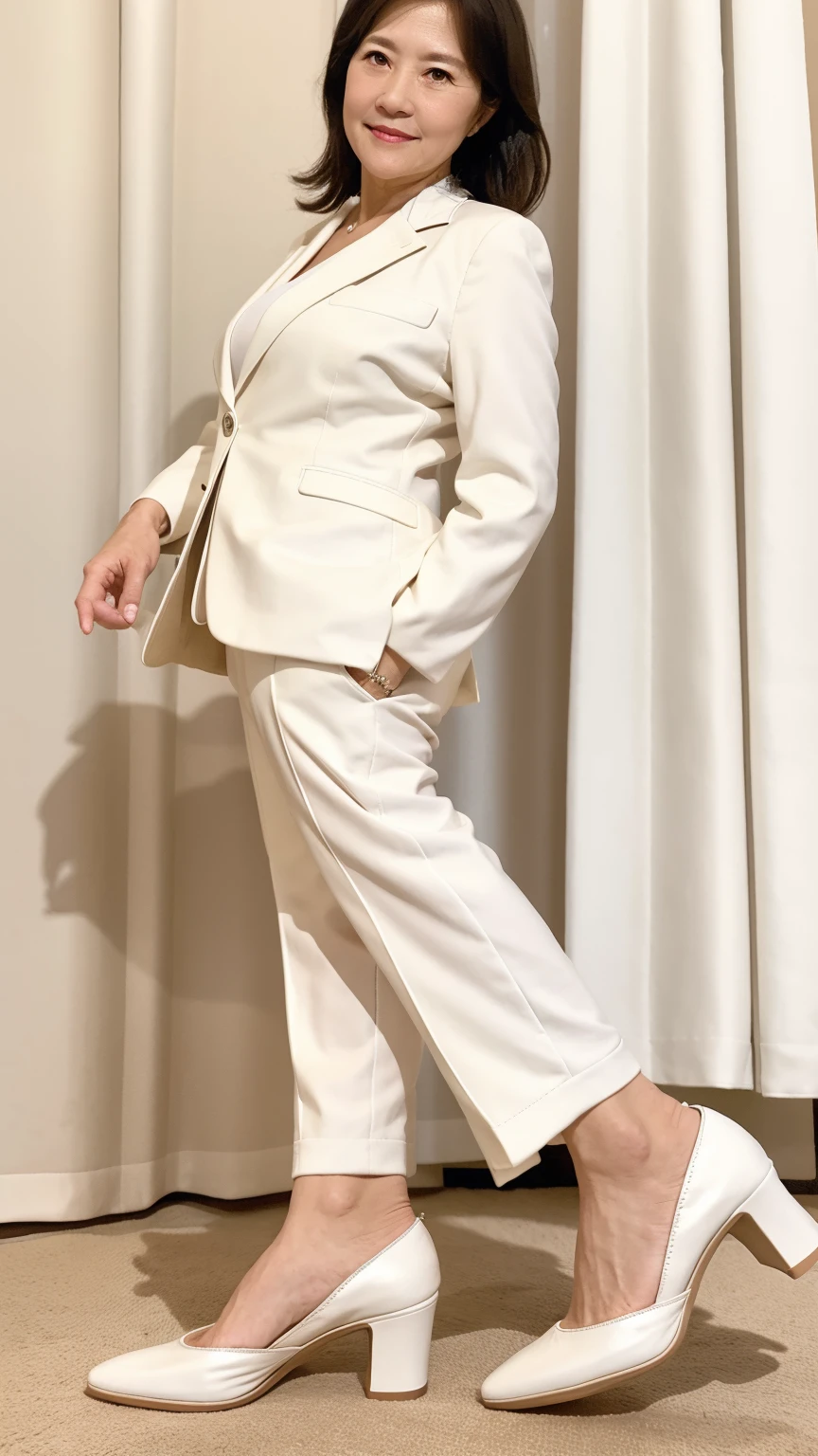 60-year-old woman, Soft headlights,High-density imaging,(Clean and delicate face),((Looking to the side)),((White suit)),((((full-body shot)))),((((White mid-heeled shoes)))),((White curtains in the background)),best quality,masterpiece,(Soft colors:1.2)