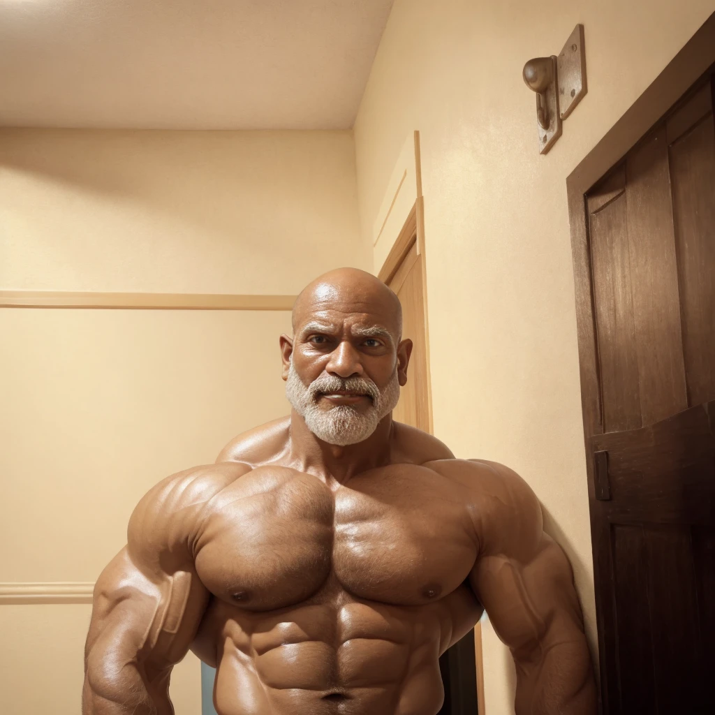 2men, A handsome mature old indian dad with a massive beard and no shirt standing in front of a door,bald head,hyper muscular, pumped, roids, huge pecs, arms, posing together, biceps, shoulders, tan skin, dom, meticulous muscle definition, detailed face, big sexual energy, (60 years old)