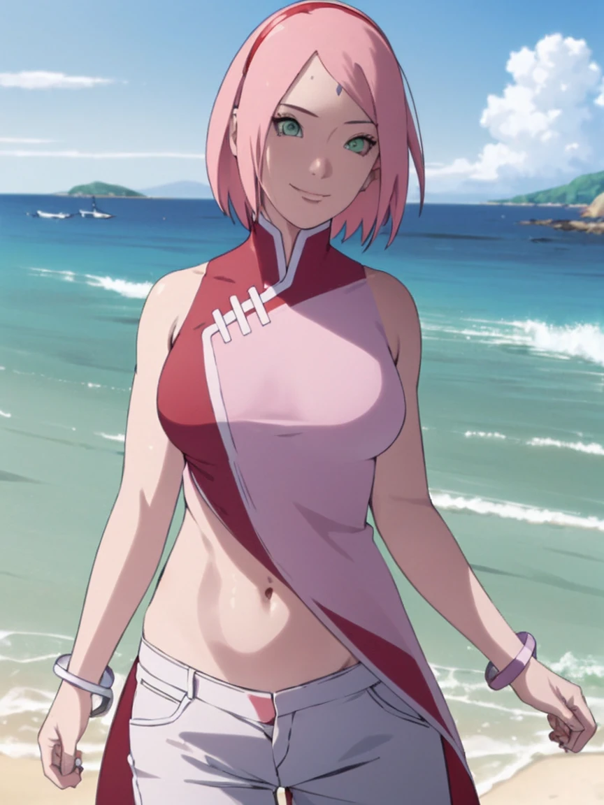 masterpiece, 1k, portrait, face shot, professional artwork, detailed beach background, intricate details, colorful, digital blending, (ultra detailed body, ultra detail hair, ultra detail face), trending on pixiv, kind smile, very hot color, best quality, anime style: 1.9, 1girl, hires, haruno sakura, (forehead mark, milf, red hairband, pale skin, short hair, ((red sleeveless dress), white pants), (navel, belly button, groin, bracelet, pink hair), (ultra detailed green eyes), smile, beach, wind, floating hair, detailed arms, off-shoulders, slightly muscular arms, (dirty armpits), standing)