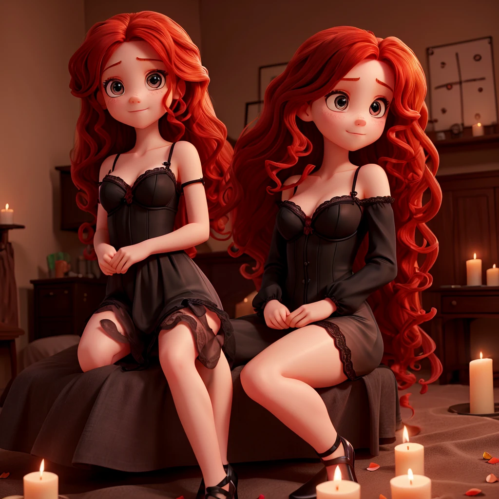 1 redhead girl, very long curly hair, perfect face, cute face, inocent look, expressive eyes, black lingerie, black pumps, dark Bedroom, ligths off, Sitting on the bed, cute and sexy pose, some many candles, candle light, Hundreds of rose petals.