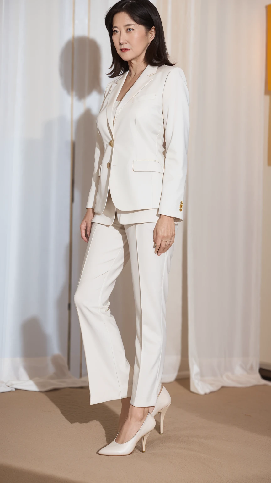 60-year-old female, Soft headlight,High-density imaging,(Clean and delicate face),((Looking to the side)),((White suit)),((((full-body shot)))),((((White mid-heeled shoes)))),((White curtains in the background)),best quality,masterpiece,(Soft colors:1.2)