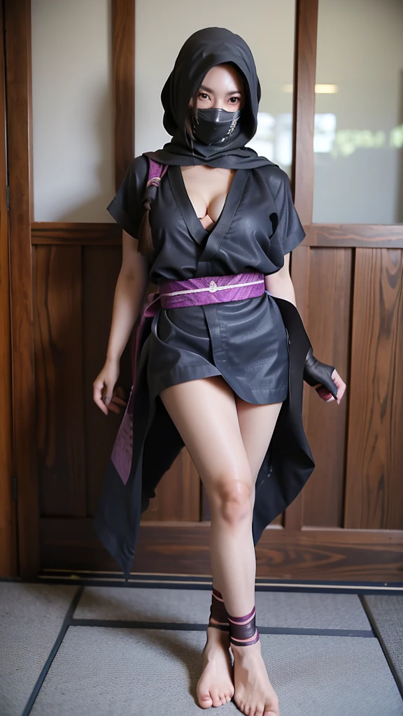 Two Female ninja wearing short kimono wearing fishnet with bare feet and toes exposed with boob cleavage showing