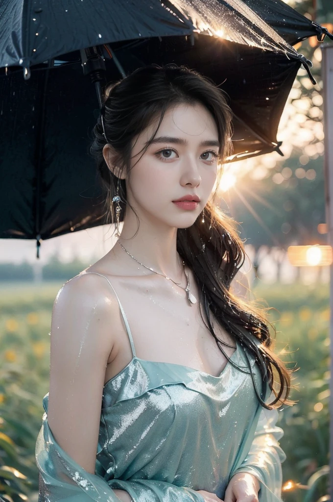 Mix 4, (8k, Live Shooting, Highest quality, masterpiece: 1.2), (Real, Photorealistic: 1.37), 一人のgirl, cute, night, rain, Wetty, Professional Lighting, Photon Mapping, Radio City, Physically Based Rendering, Gradient black hair, Gray Hair, Short Curly Hair, good looking, girl, Highest quality写真, High resolution, 1080P, (Clear Face), (Detailed face description), (Detailed hand description), (masterpiece), (Exquisite CG)、Extreme light and shadow、Disheveled Hair、Masterwork、Rich details、(Fine facial features)、(Highest qualityの写真)、(Masterpiece)、(Detailed eyes)、Look in front of you、Detailed clavicle、((Mid-breasted))、Nipple erection、Sexy、Lady、Clear、Smooth Hair、Clothes are not shiny、rainで服が濡れている、My clothes are soaked、Clothes are wet and stick to the skin、大rain、ゲリラ豪rain、Hydrangea flowers、rainが降っている、outside、night、