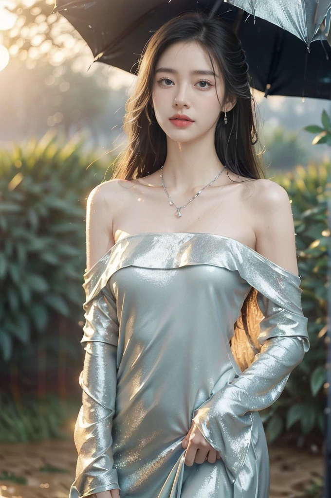 (((best quality))),(((ultra detailed))),(((masterpiece))),illustration,1 beautiful girl,solo,slim,thin,flat chest,shoulder length straight bob hair,flowing hair,fair skin,(shiny skin:1.3),sparkling eyes,blue dress,delicate silver necklace,grass,dewdropletts,trees,bird chirping,(shimmering shadows:1.3),serenity,gratitude,awe,wonders of nature,peace,contentment,magnificent world,summer,(sunrise:1.5),(pitch-dark dawn:1.5),(night scene:1.3),upper body,from front,(after rain:1.3),(wet:1.3),standing,dark clouds,confident gaze,elegant posture,mysterious atmosphere,solemn mood,beam of light,deep blue sky,dawn approaching,detailed decorations