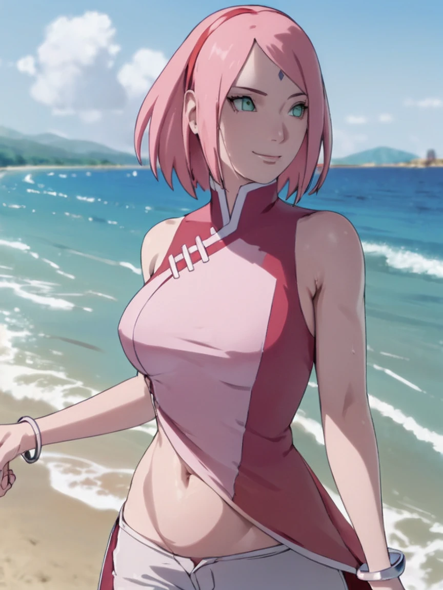 masterpiece, 1k, portrait, face shot, professional artwork, detailed beach background, intricate details, colorful, digital blending, (ultra detailed body, ultra detail hair, ultra detail face), trending on pixiv, kind smile, very hot color, best quality, anime style: 1.9, 1girl, hires, haruno sakura, (forehead mark, milf, red hairband, pale skin, short hair, ((red sleeveless dress), white pants), (navel, belly button, groin, bracelet, pink hair), (ultra detailed green eyes), smile, beach, wind, floating hair, detailed arms, off-shoulders, slightly muscular arms, (dirty armpits), standing)((((belly view))))