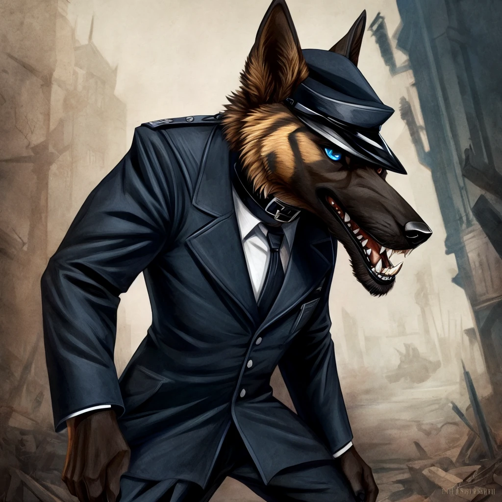 Furry commission, German shepherd, black SS uniform, Sharp teeth, Blue eyes, black collar, pointy black claws, gentleman, psycho,war background.
