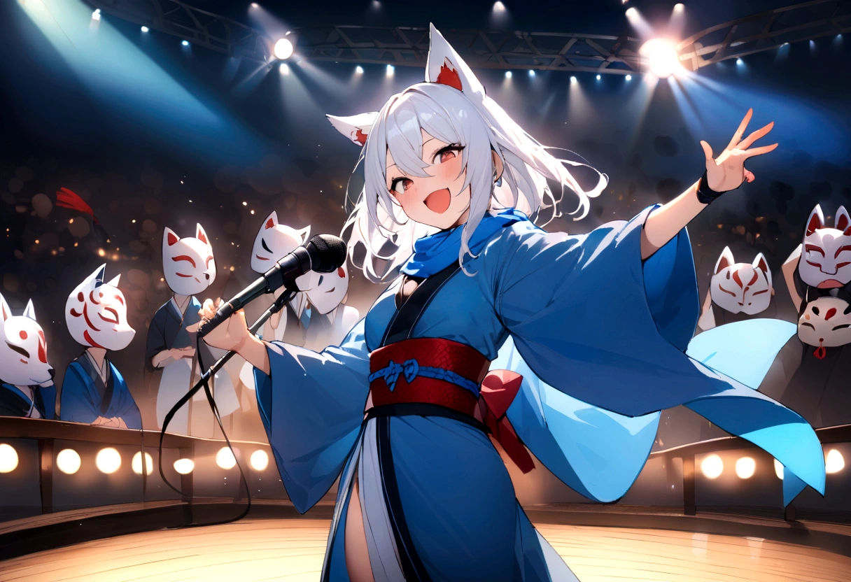 smile、Wink、microphoneを持って叫ぶ、Enthusiastic singing、Shout with your mouth wide open、Sing a song、microphone、(masterpiece, best quality:1.2), 1girl, 独奏,Wolf girl, fox mask, ninja, girl, long white hair, odd eyes, blue kimono, ninja girl, red and blue scarf, fantastic atmosphere.night、Singing on stage、microphoneを持って叫ぶ、、Aside exposure、Black fox mask、Shining Spotlight