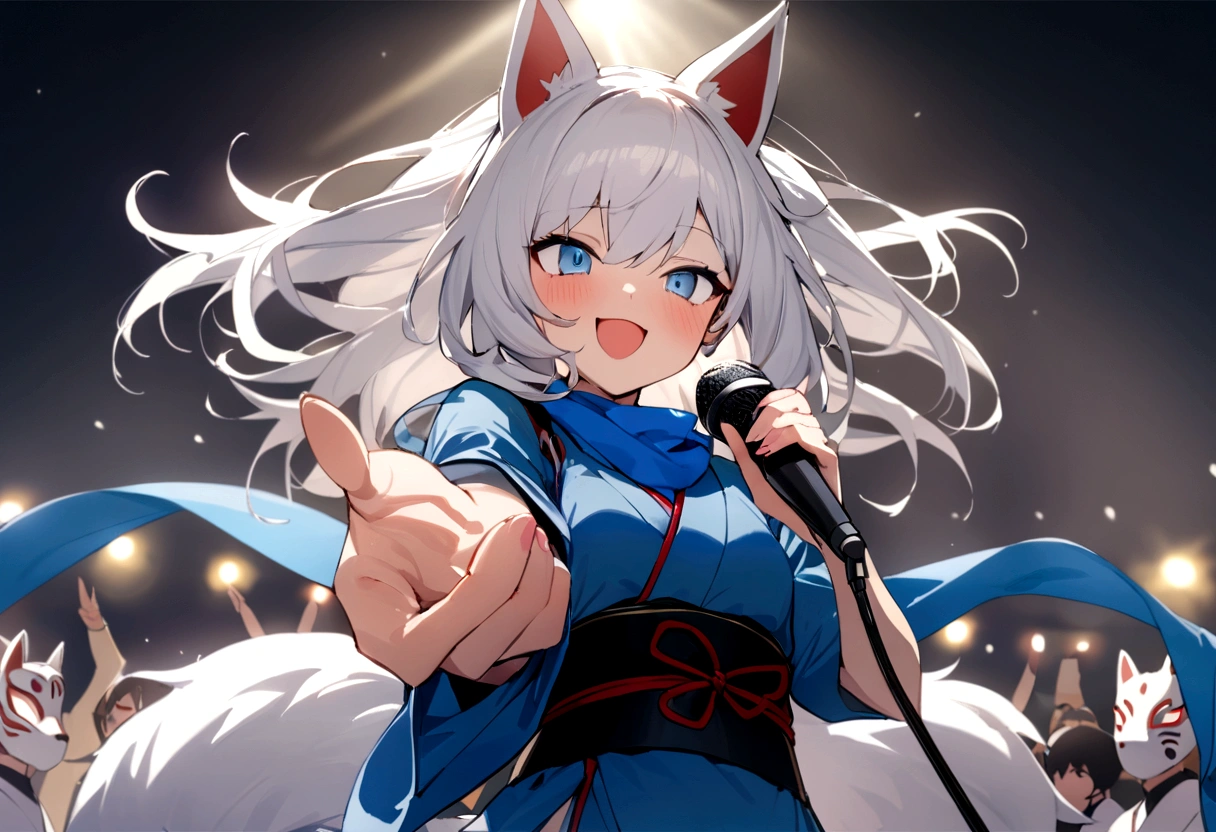 smile、Wink、microphoneを持って叫ぶ、Enthusiastic singing、Shout with your mouth wide open、Sing a song、microphone、(masterpiece, best quality:1.2), 1girl, 独奏,Wolf girl, fox mask, ninja, girl, long white hair, odd eyes, blue kimono, ninja girl, red and blue scarf, fantastic atmosphere.night、Singing on stage、microphoneを持って叫ぶ、、Aside exposure、Black fox mask、Shining Spotlight