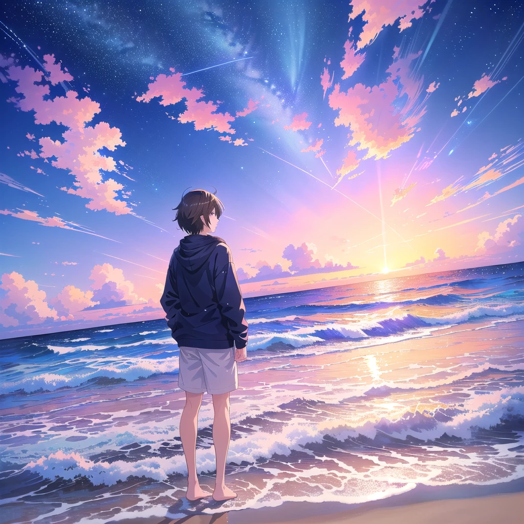 anime anime art of a man standing on a beach looking at a large star, anime art wallpaper 4 k, anime art wallpaper 4k, anime art wallpaper 8 k, anime sky, anime landscape wallpaper, anime background, anime wallpaper 4k, anime wallpaper 4 k, 4k anime wallpaper, anime clouds, anime wallpaper, cosmic skies. by makoto shinkai