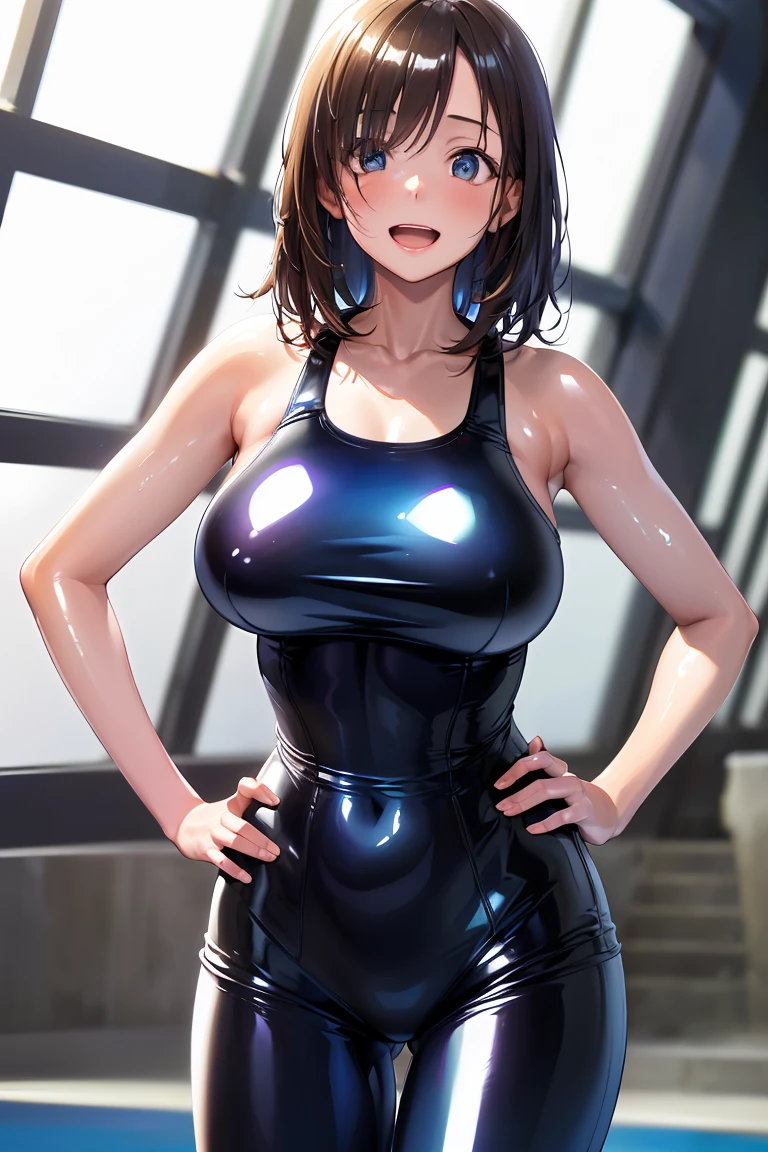 (A high resolution, masterpiece, Best Quality, High resolution:1.8), (Photorealistic:1.5), (40 yo woman:1.8), (Dim light), (Light on the Face:0.5), (Detailed face, detailed hairs, Detailed skin, (shiny eyes:1.5)), (Cowboy Shot:1.8), (gigantic breast), (slender), ((Squint and smile wide:1.3), (surprised eye:1.5), (Opened mouth:1.3)), (Looking straight:1.8), (standing), (Shiny skin, high gloss skin:1.8), (competition swim suit:1.5), (gleaming skin:1.6), (surprise, Standing, hands on hip:1.5),