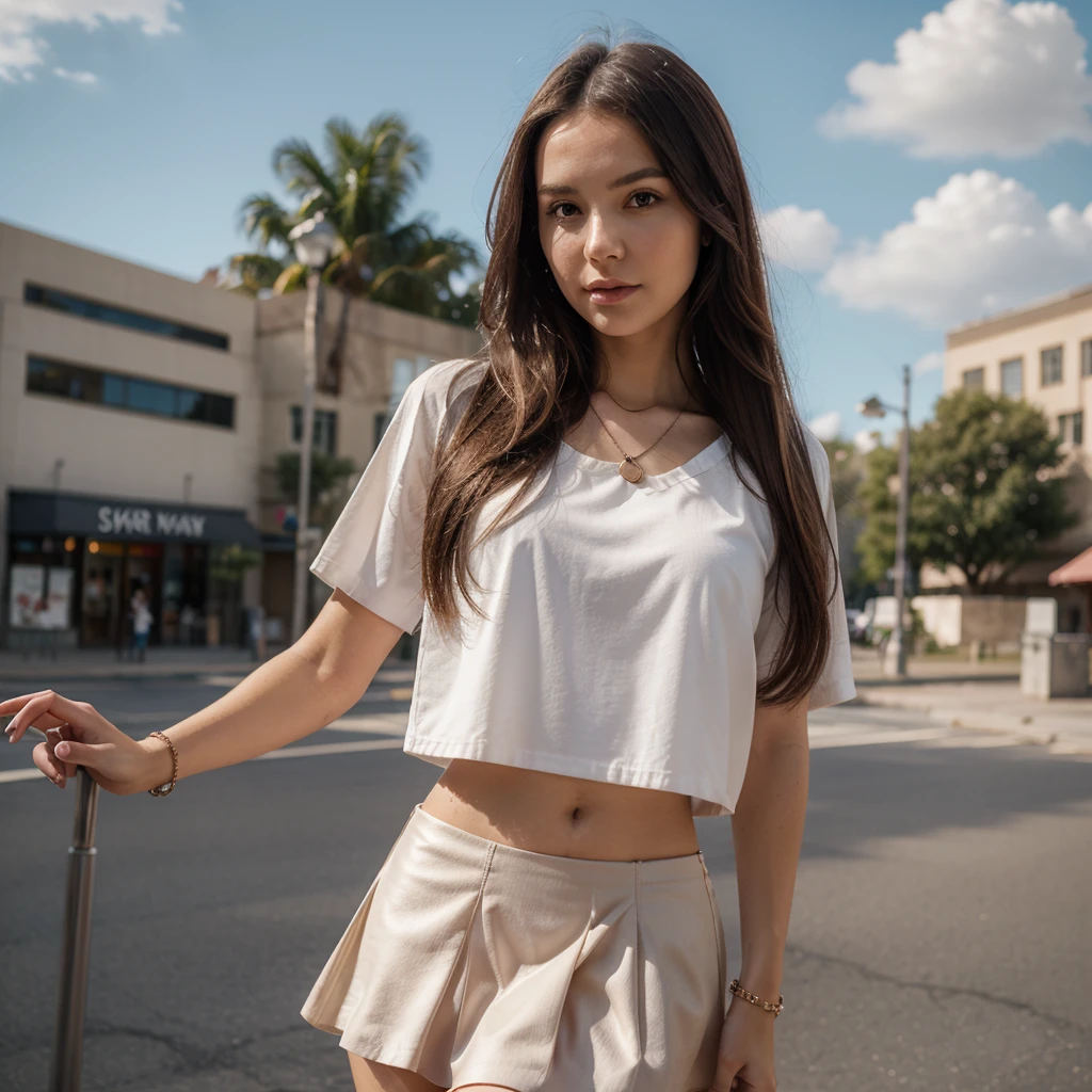 1girl in, 30 years old, Square face, Long hair, Looking at viewer, jewelry, Reality, Sexy, Short skirt outfit, sky background , free pose