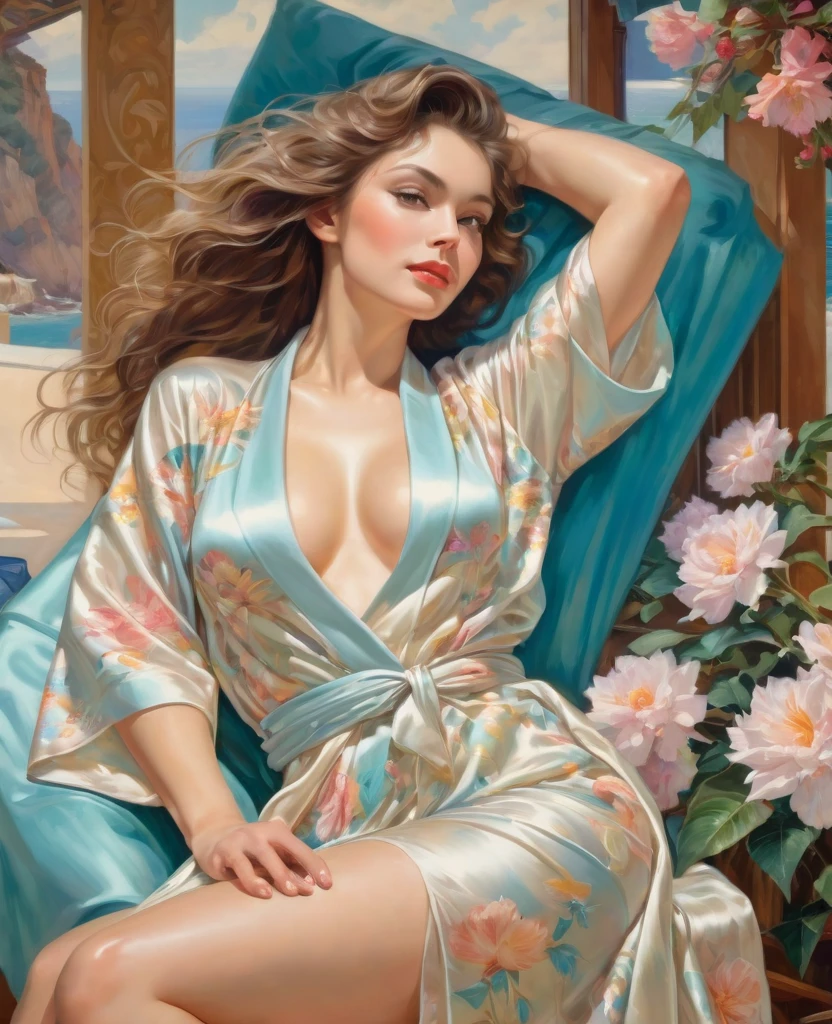 (masterpiece oil painting), 1 woman, заmountainsает на солнце в шикарной шляпе, she is lying on a sun lounger, a beautiful silk robe in flowers is thrown over the shoulders, The peignoir is stretched in the middle, (show your pussy:1.9) one leg laid to the side, (pussy pubic hair visible:1.9), Smile on his face, ethereal and beautiful Hugo Boss model from the 1940s.., Beautiful painting with a very detailed face by Alphonse Mucha.., Craig Mullins, Greg Rutkowski, Magali Villanueva, (The most beautiful picture), The whole body is visible, sexy pose, ideal body shape, (view from below from the floor:1.3), on the balcony against the backdrop of the beautiful seashore, mountains