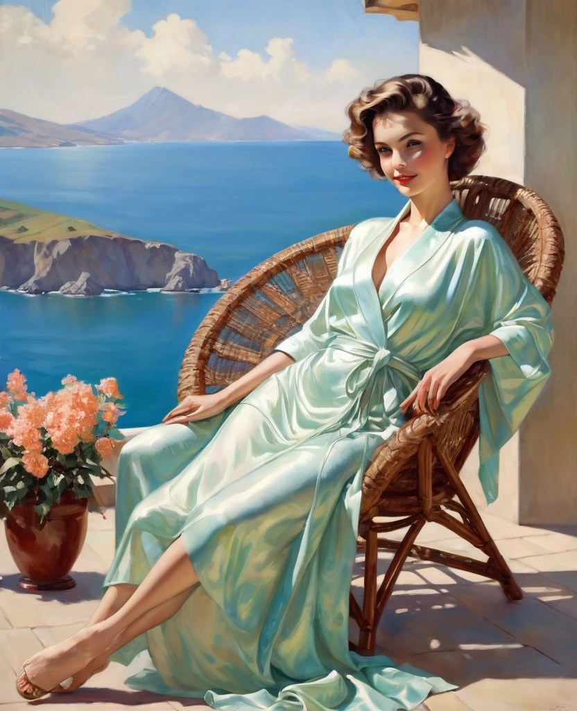 (masterpiece oil painting), 1 woman, заmountainsает на солнце в шикарной шляпе, she is lying on a sun lounger, a beautiful silk robe in flowers is thrown over the shoulders, The peignoir is stretched in the middle, (show your pussy:1.9) one leg laid to the side, (pussy pubic hair visible:1.9), Smile on his face, ethereal and beautiful Hugo Boss model from the 1940s.., Beautiful painting with a very detailed face by Alphonse Mucha.., Craig Mullins, Greg Rutkowski, Magali Villanueva, (The most beautiful picture), The whole body is visible, sexy pose, ideal body shape, (view from below from the floor:1.3), on the balcony against the backdrop of the beautiful seashore, mountains