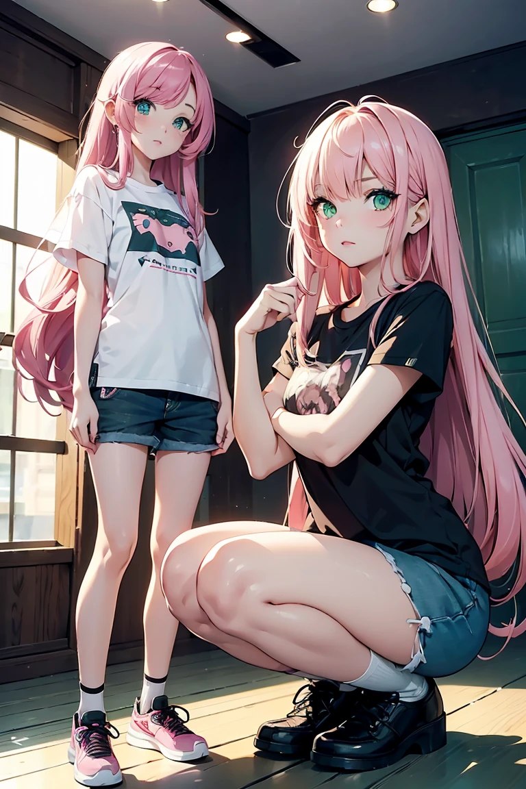 ((Cat and girl)),squat, Watching a cat, Loosened look , cute,Latest Fashion Trends ,Open chest,T-Shirts, Shorts,((Very detailed,Highest quality, High resolution, 8k wallpaper, Beautiful clothes,)),((Pink Hair, Long Hair,Straight hair,Both sides up)) ,(Green Eyes),eye shadow, eyeliner,Glowing Eyes, Very detailedな目, Complex eyes, Beautiful Eyes, 輝くGreen Eyes,18-year-old girl,