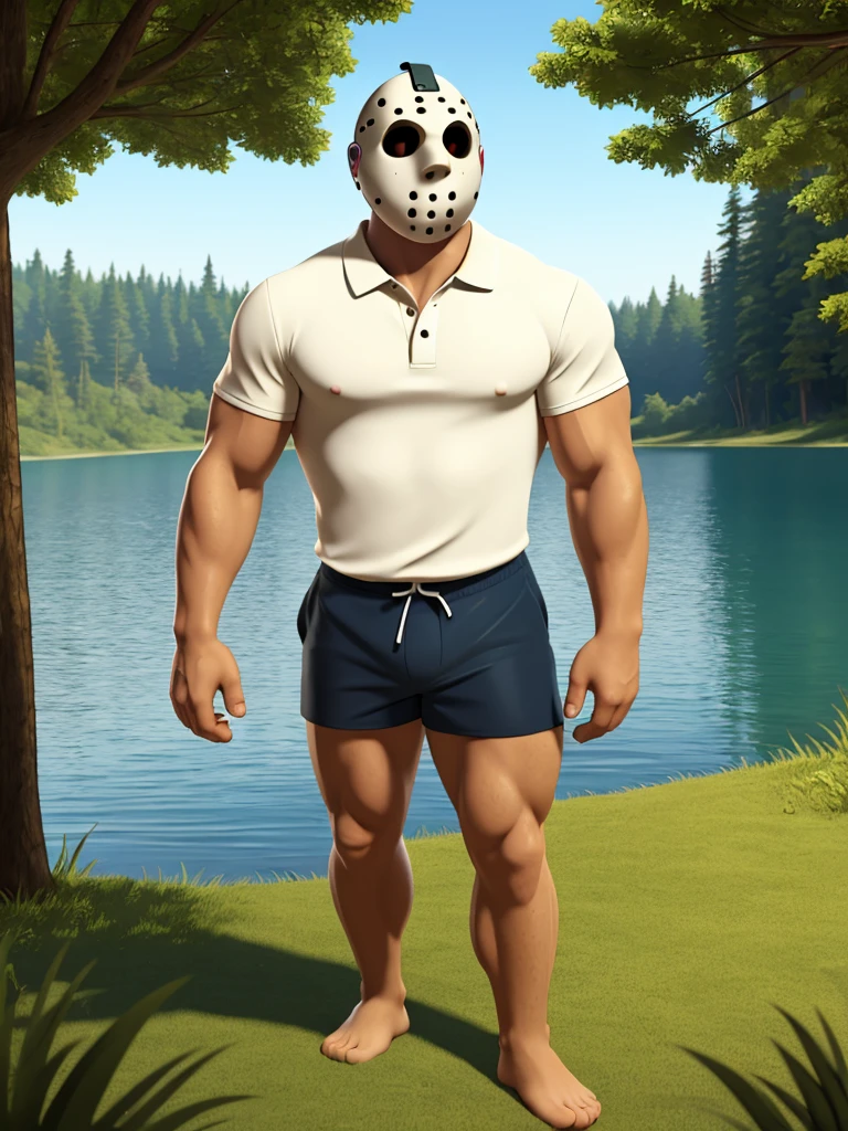 (masterpiece, 4K, ultra detailed), Jason Voorhees, single, masculine, light skin, jason's white hockey mask, bald, sexy, muscular, forest, lake, sunny, smooth lining, smooth shading, wet see-through white polo shirt, red swim trunks, cartoony