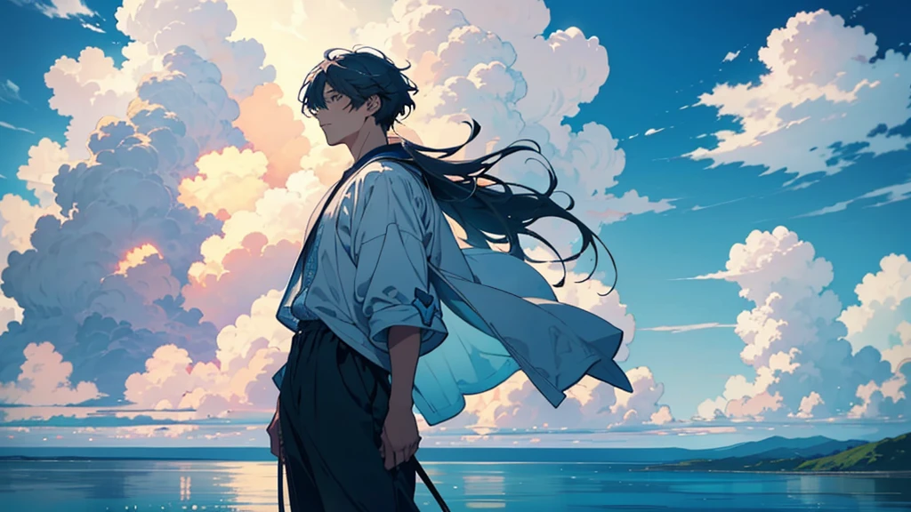 ### Prompt for Generating Flawless Illustration:
"Generate an illustration of a man standing along a serene coastline under the sunlight. Behind him, cumulus clouds fill the summer sky, which stretches high and blue. His expression reflects tranquility and a profound connection with nature, creating a harmonious scene."

### Anime-style Thumbnail for YouTube:
"Create an anime-style illustration for a YouTube thumbnail depicting a man gazing at a summer sea. Behind him, cumulus clouds float in a vast, clear sky. He stands with a poignant expression, evoking a sense of melancholy."

### Negative Prompt:
"Generate an illustration where a man is facing away from the viewer, looking out at a tranquil summer sea. The sky above features cumulus clouds against a high, summer-blue backdrop, conveying a deep sense of loneliness and melancholy."