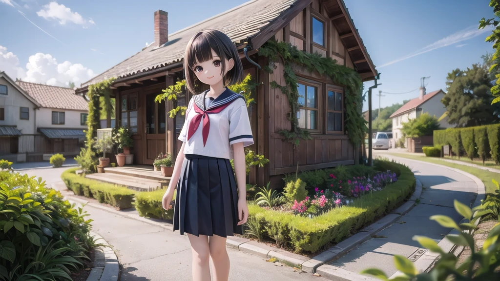 (masterpiece), town, blue sky, One Girl, smile, alone, Sailor suit、Long skirt, Overgrown, petal, plant、Skirt lining、Translucent slip、Nostalgic