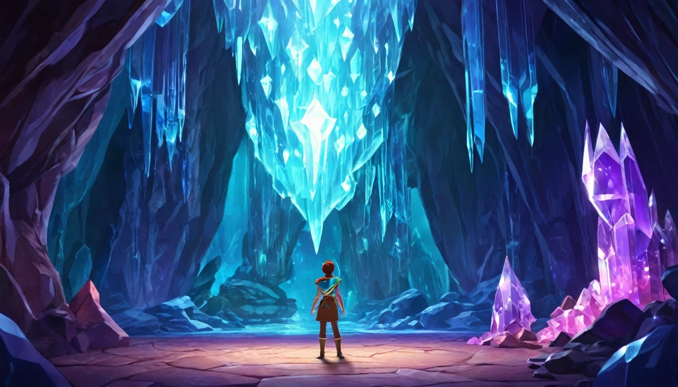 A animated human character, holding an enchanted Amulet in hand, standing inside a Crystal Cavern