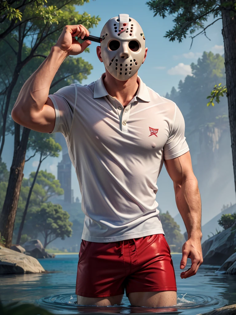 (masterpiece, 4K, ultra detailed), Jason Voorhees, single, masculine, light skin, jason's white hockey mask, bald, sexy, muscular, forest, lake, sunny, smooth lining, smooth shading, wet see-through white polo shirt, red swim trunks, cartoony