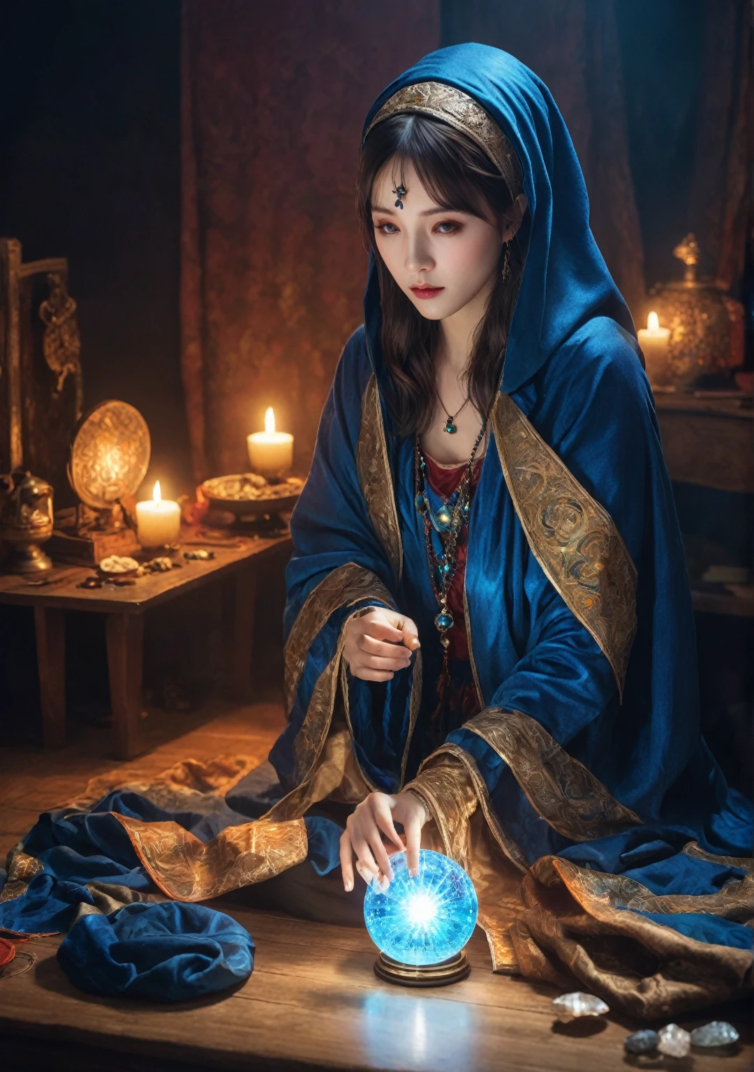 Female fortune teller. Charming, beautiful, and mysterious. She wears a blue cloak and has distinct features. front. The atmosphere is bright and sparkling, full of anxiety and anticipation. A fortune teller is standing there. The body is facing forward. He's looking at you. He's got a crystal ball in his right hand. The interior is brightly lit, creating a magical atmosphere. Best picture quality, 4k or 8k resolution. The level of detail is very detailed and realistic, close to photorealism. Artistic style should reflect an official aesthetic with bright colors and strong contrasts. The color palette should emphasize the mystical and mystical theme of the work. The fortune teller's cloak has a metal edging with a thickness ratio of 1.5 and a detailed design. The overall atmosphere is magical, like a starry sky. The fortune teller's expression arouses mystical interest. Please take the photo from the front.