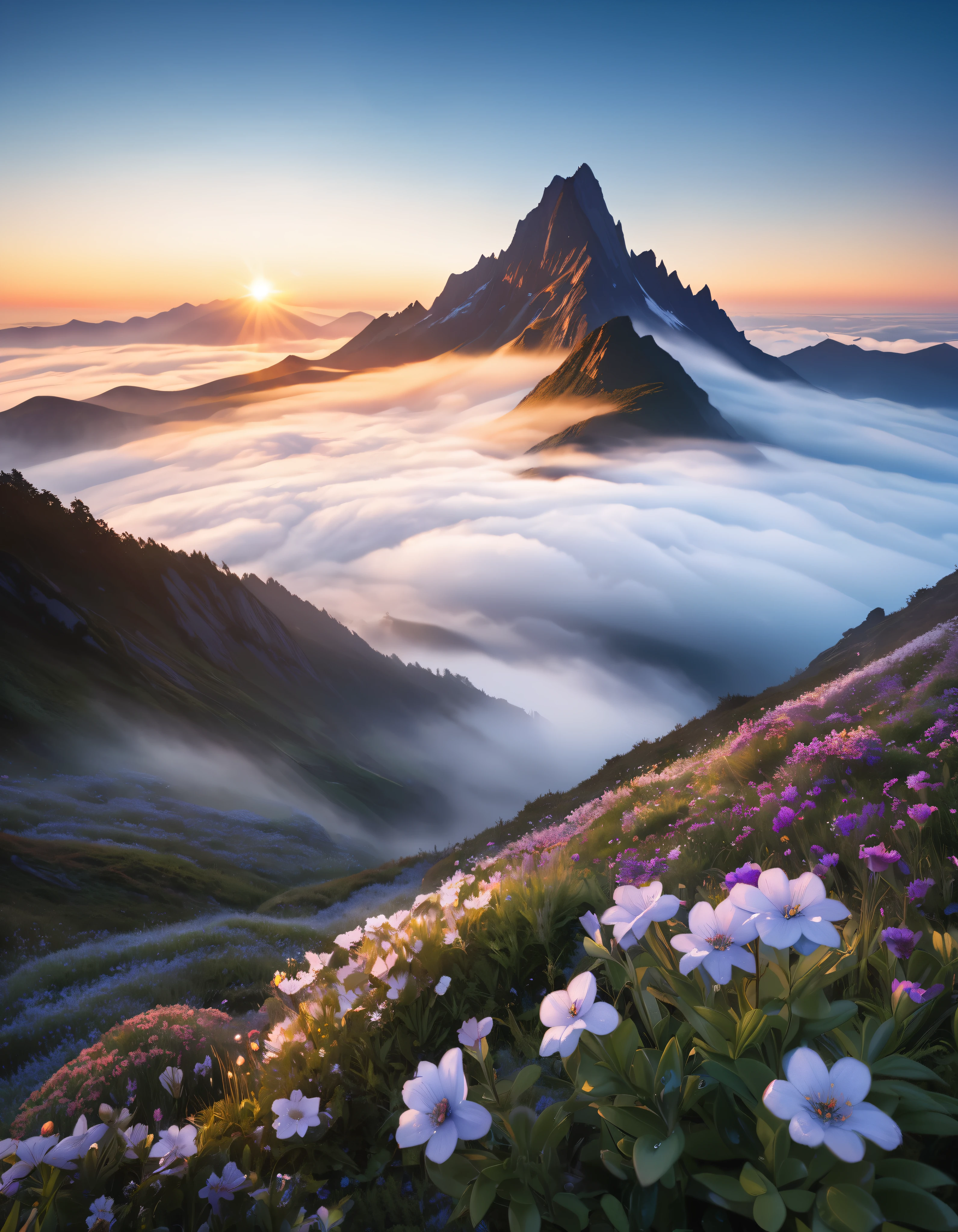 Landscape Photography, 
Sunrise Morning, 
Rugged mountain peak, 
Deep fog like a sea of clouds, 
Flowers wet with night dew, 
Sunrise, Aesthetic water reflections, 
BREAK Highest Quality, Highest quality, Highest Resolution, Super Retina, 