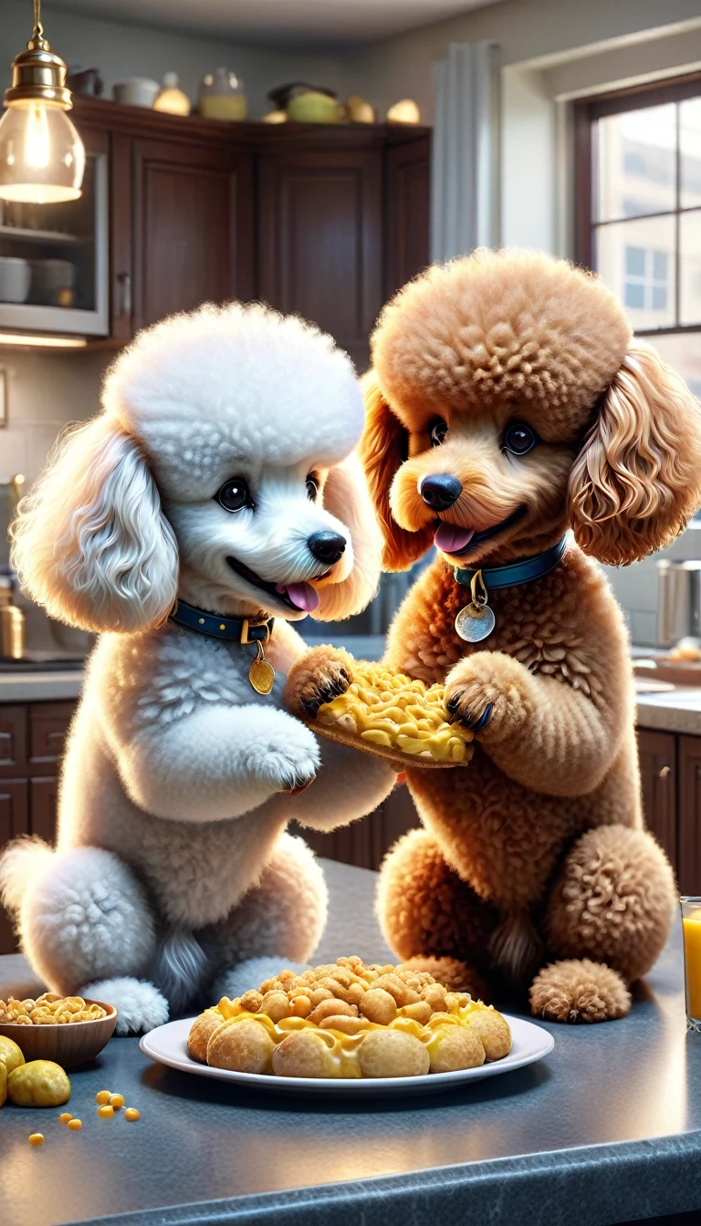 there are two poodle that are eating food on the counter, with photorealistic lighting, with garfield the cartoon poodle, photorealistic screenshot, high quality photorealism, photo realistic style, hyper realistic content, food commercial 4 k, snapchat photo, a photorealistic rendering, hyperreal rendering, photo realistic image, realistic 3 d style, photorealistic picture, ginger poodle in mid action