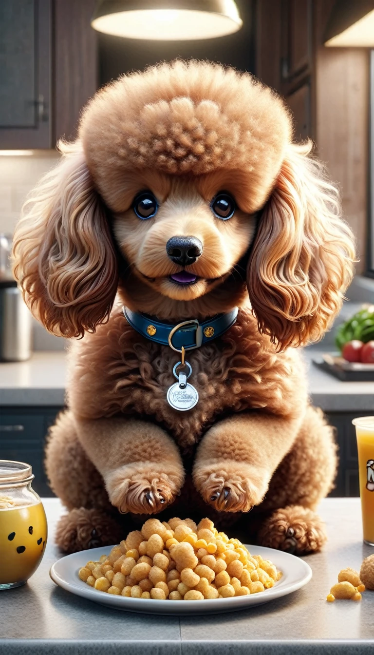 there are two poodle that are eating food on the counter, with photorealistic lighting, with garfield the cartoon poodle, photorealistic screenshot, high quality photorealism, photo realistic style, hyper realistic content, food commercial 4 k, snapchat photo, a photorealistic rendering, hyperreal rendering, photo realistic image, realistic 3 d style, photorealistic picture, ginger poodle in mid action