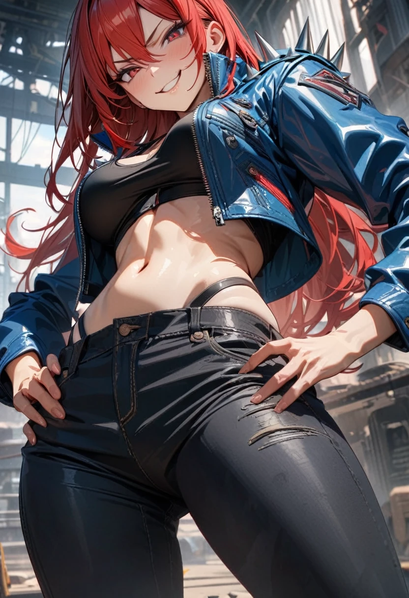 Adult woman, long red hair, red eyes, blue leather jacket, spike jacket, muscles, open belly, black jeans, smirk, Masterpiece, best quality, Full HD, 8k, ultra details, great graphic